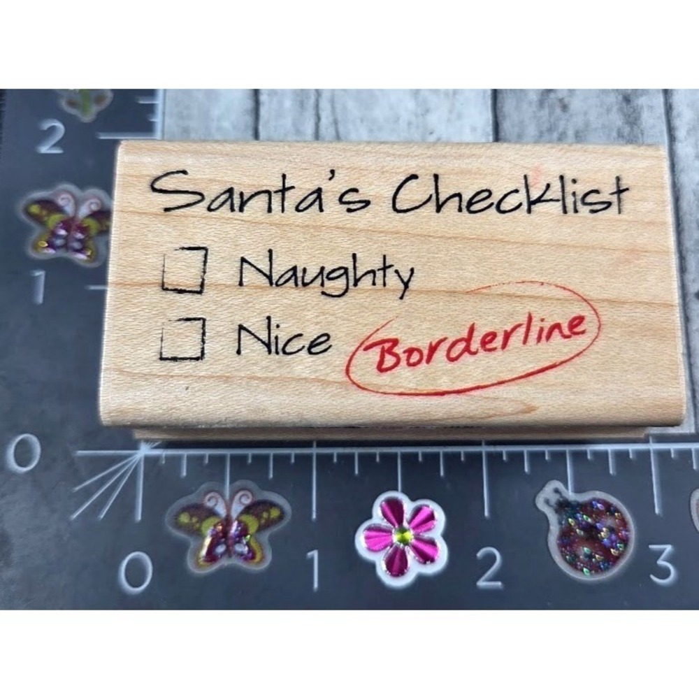 Inkadinkado Santa's Checklist Borderline Christmas 94772L Rubber Stamp Wood #E88